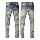 High-Street Distressed Patches Slim-Fit Stretch Jeans | Gthic.com