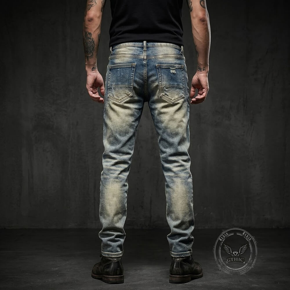 High-Street Distressed Patches Slim-Fit Stretch Jeans