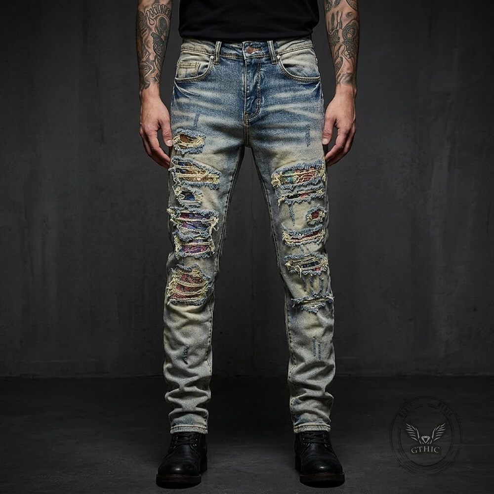 High-Street Distressed Patches Slim-Fit Stretch Jeans | Gthic.com