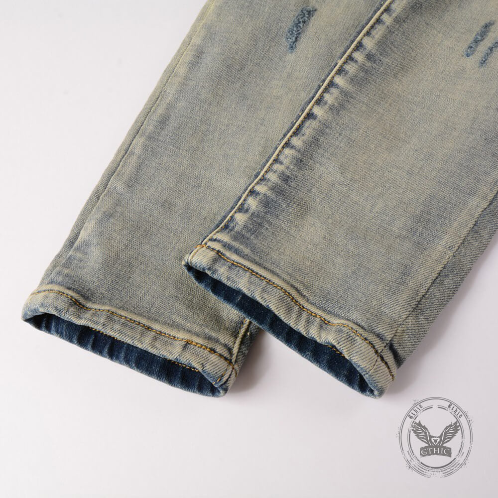 High-Street Distressed Patches Slim-Fit Stretch Jeans