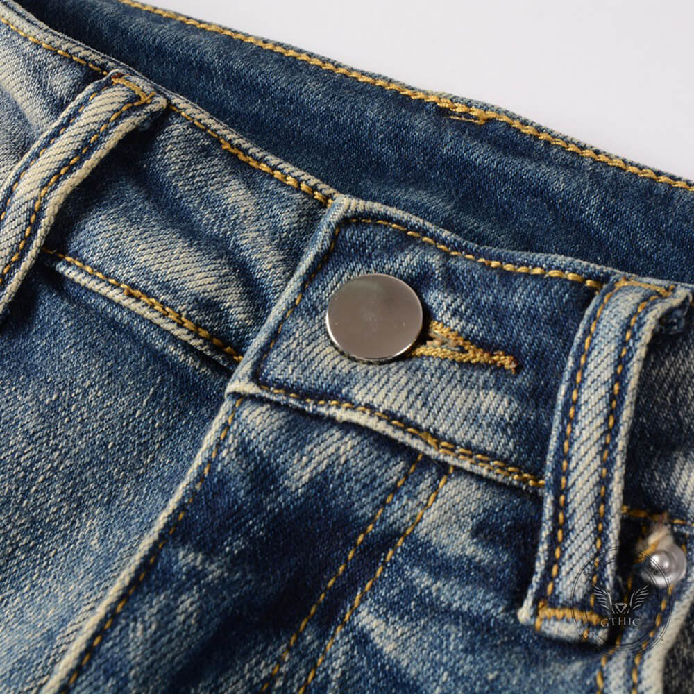 High-Street Distressed Patches Slim-Fit Stretch Jeans