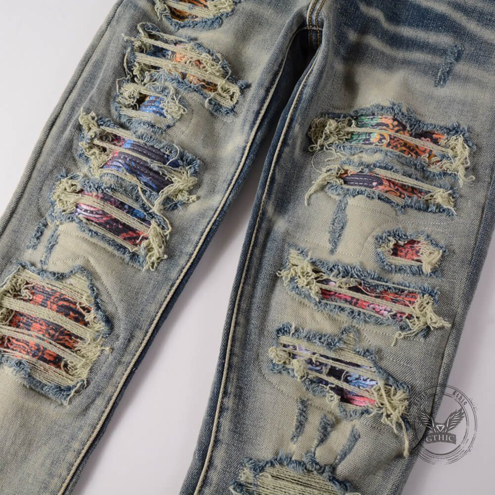 High-Street Distressed Patches Slim-Fit Stretch Jeans