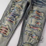 High-Street Distressed Patches Slim-Fit Stretch Jeans