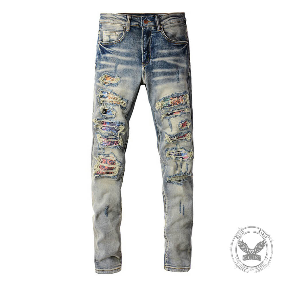 High-Street Distressed Patches Slim-Fit Stretch Jeans