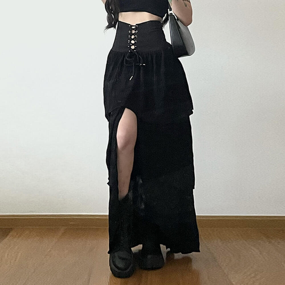 High-waisted Strappy Split Layered Cake Skirt | Gthic.com