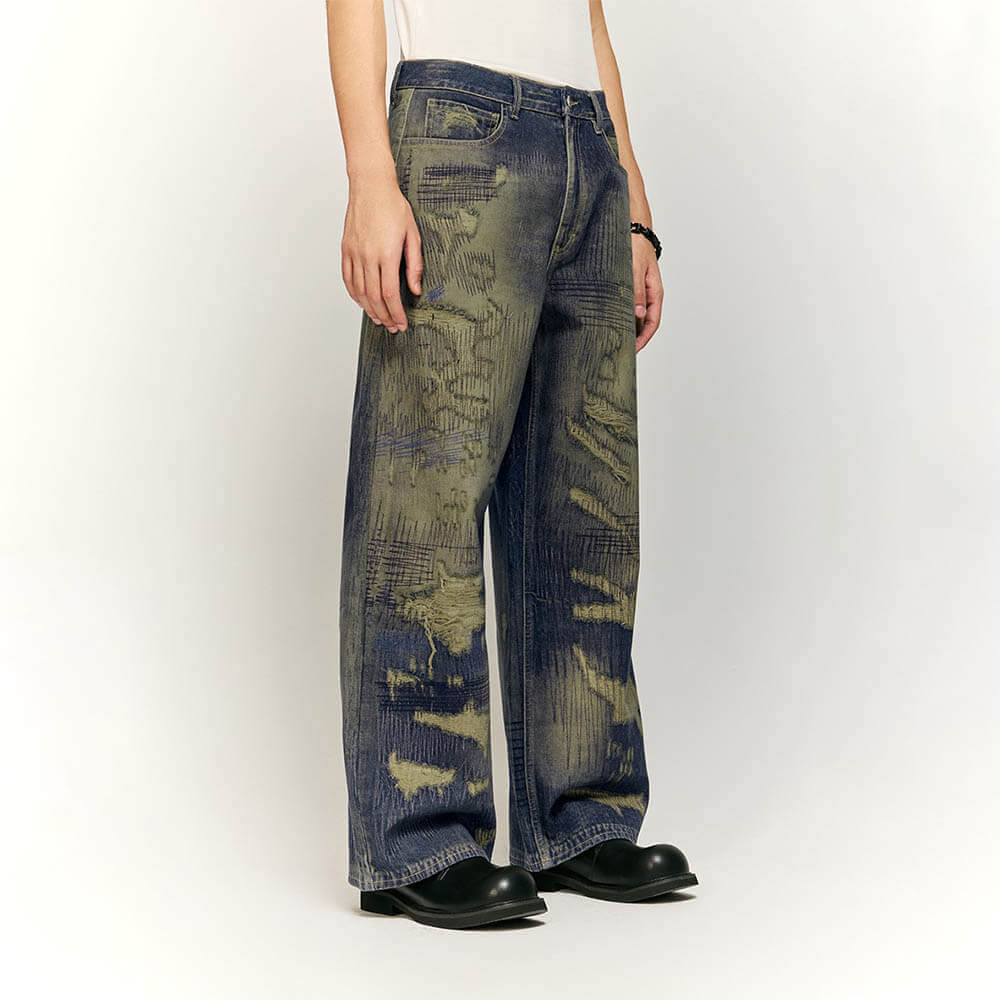High Street Distressed Loose Straight Cotton Pants | Gthic.com