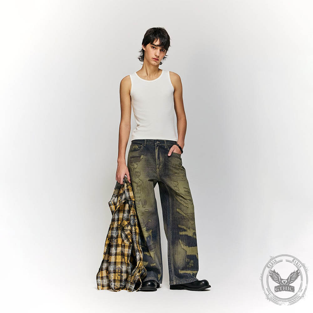 High Street Distressed Loose Straight Cotton Pants | Gthic.com