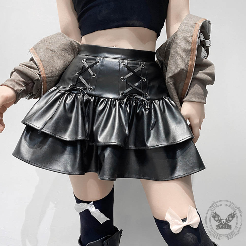 High Waist Ruffled Double Layer PU Leather Skirt 01 | Gthic.com