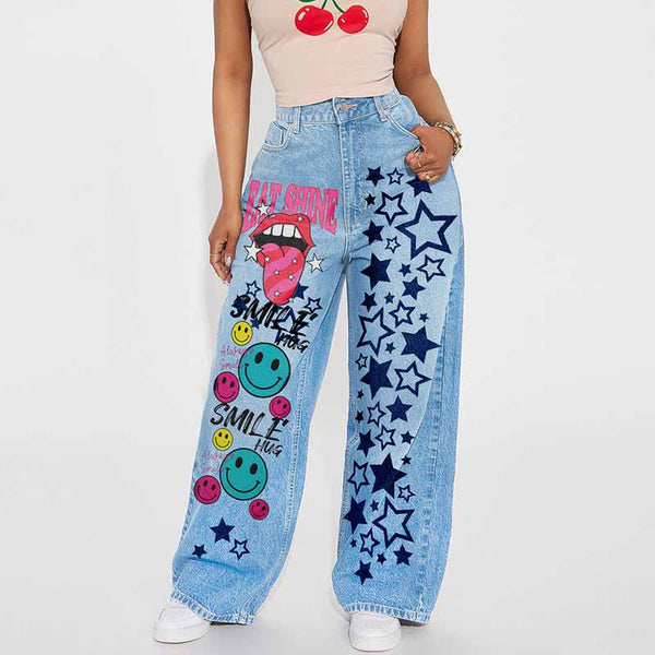 Hip-Hop Eat Shine Smile Star Print Ripped Jeans 01 | Gthic.com