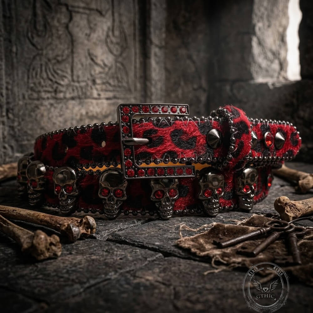 Hip-Hop Leopard Gem Skull Studded PU Leather Belt