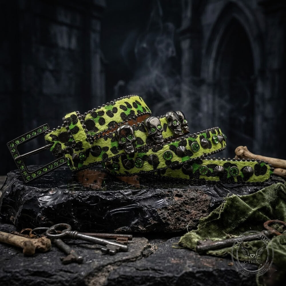 Hip-Hop Leopard Gem Skull Studded PU Leather Belt