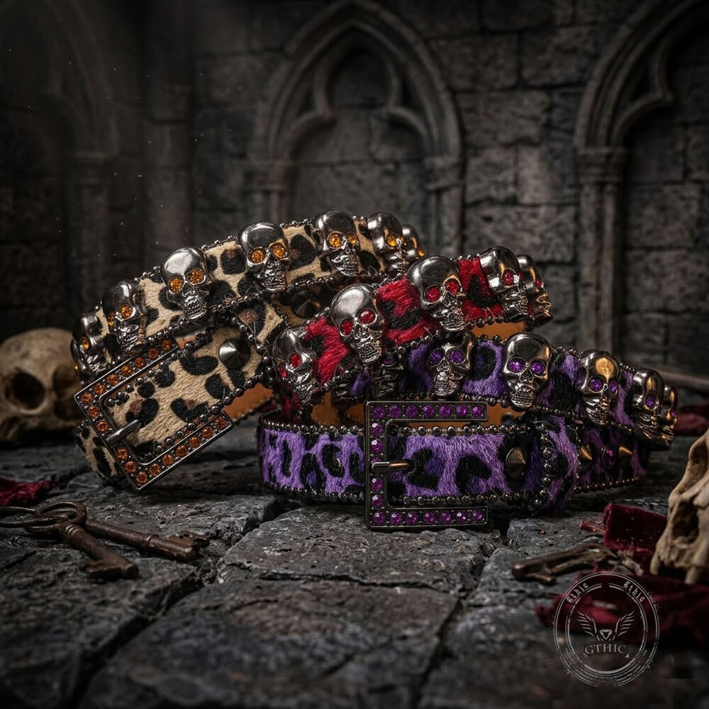 Hip-Hop Leopard Gem Skull Studded PU Leather Belt | Gthic.com