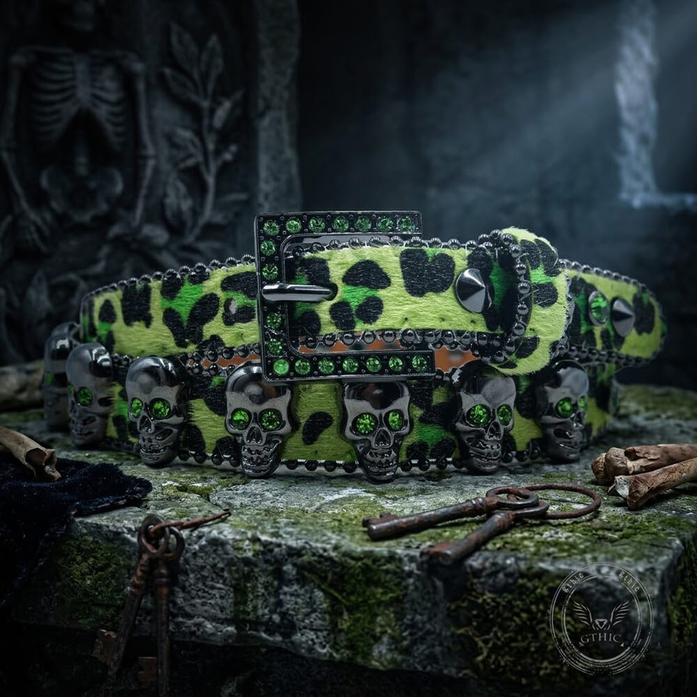 Hip-Hop Leopard Gem Skull Studded PU Leather Belt