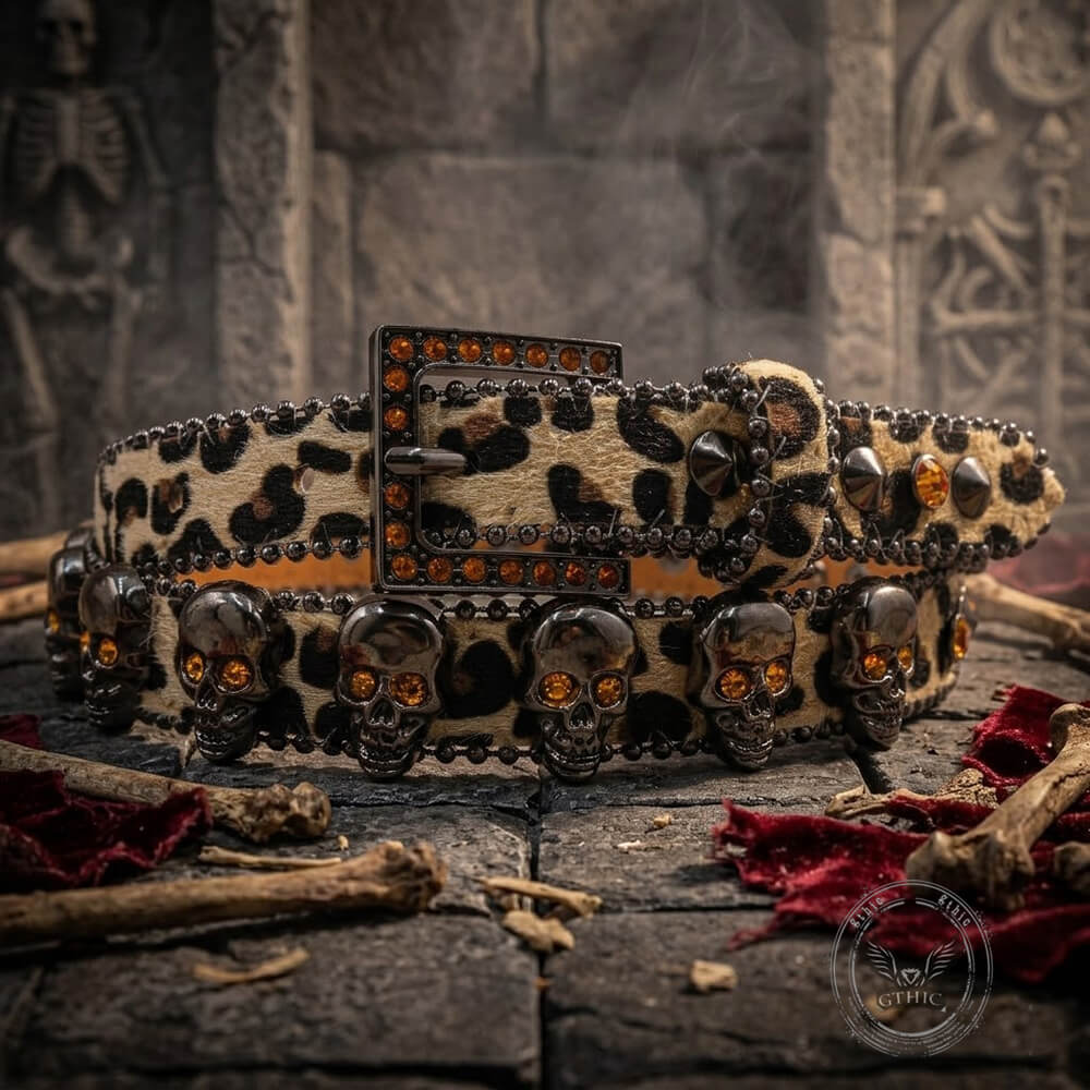Hip-Hop Leopard Gem Skull Studded PU Leather Belt | Gthic.com