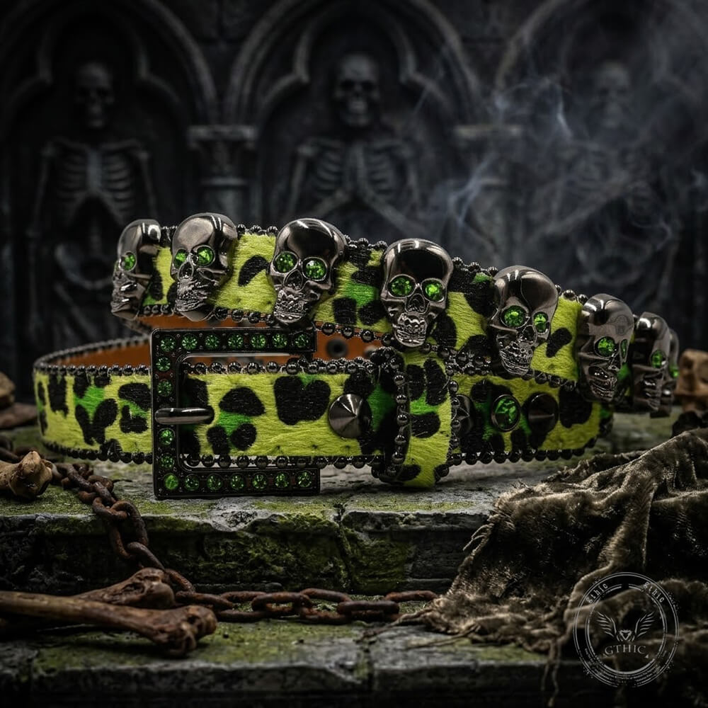 Hip-Hop Leopard Gem Skull Studded PU Leather Belt | Gthic.com
