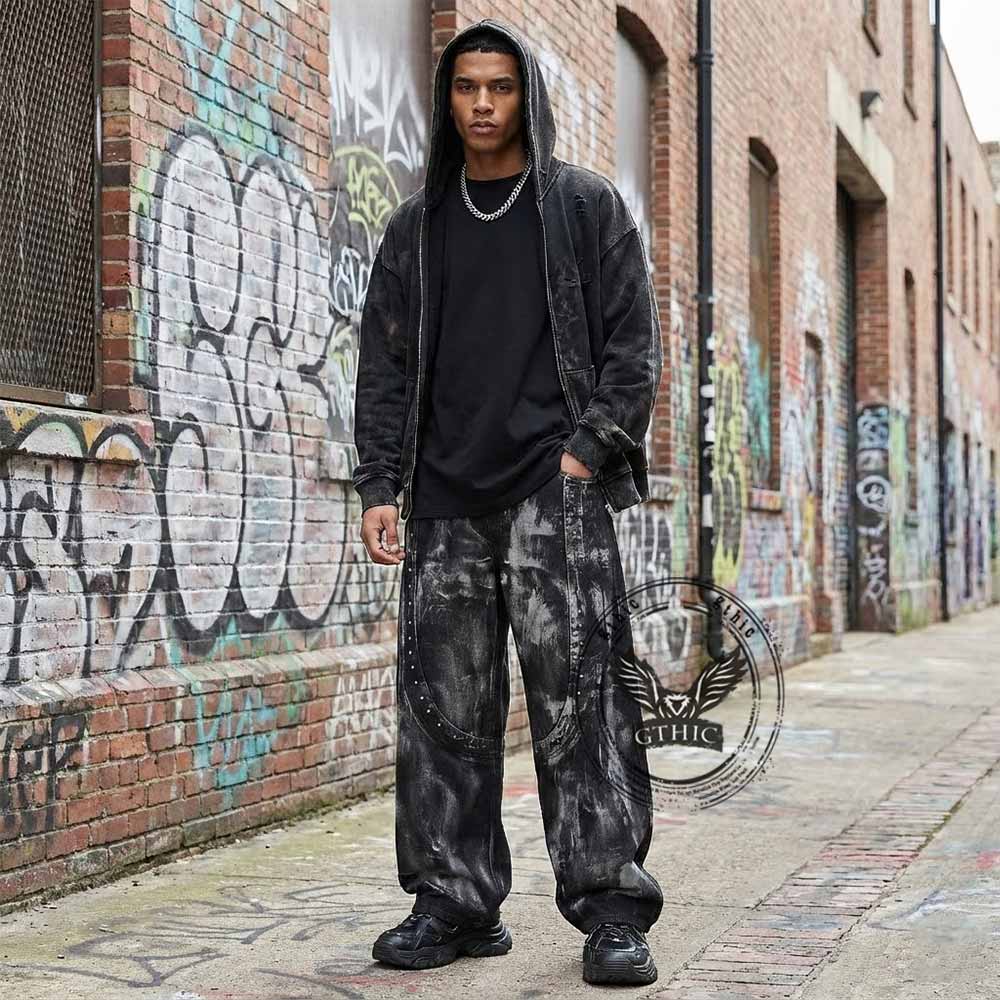 Hip-Hop Rivets Paint Splatters Design Wide-Leg Jeans | Gthic.com