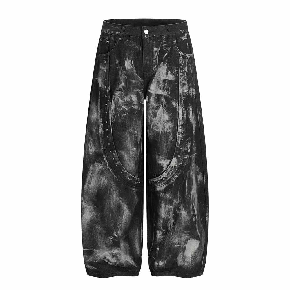 Hip-Hop Rivets Paint Splatters Design Wide-Leg Jeans | Gthic.com