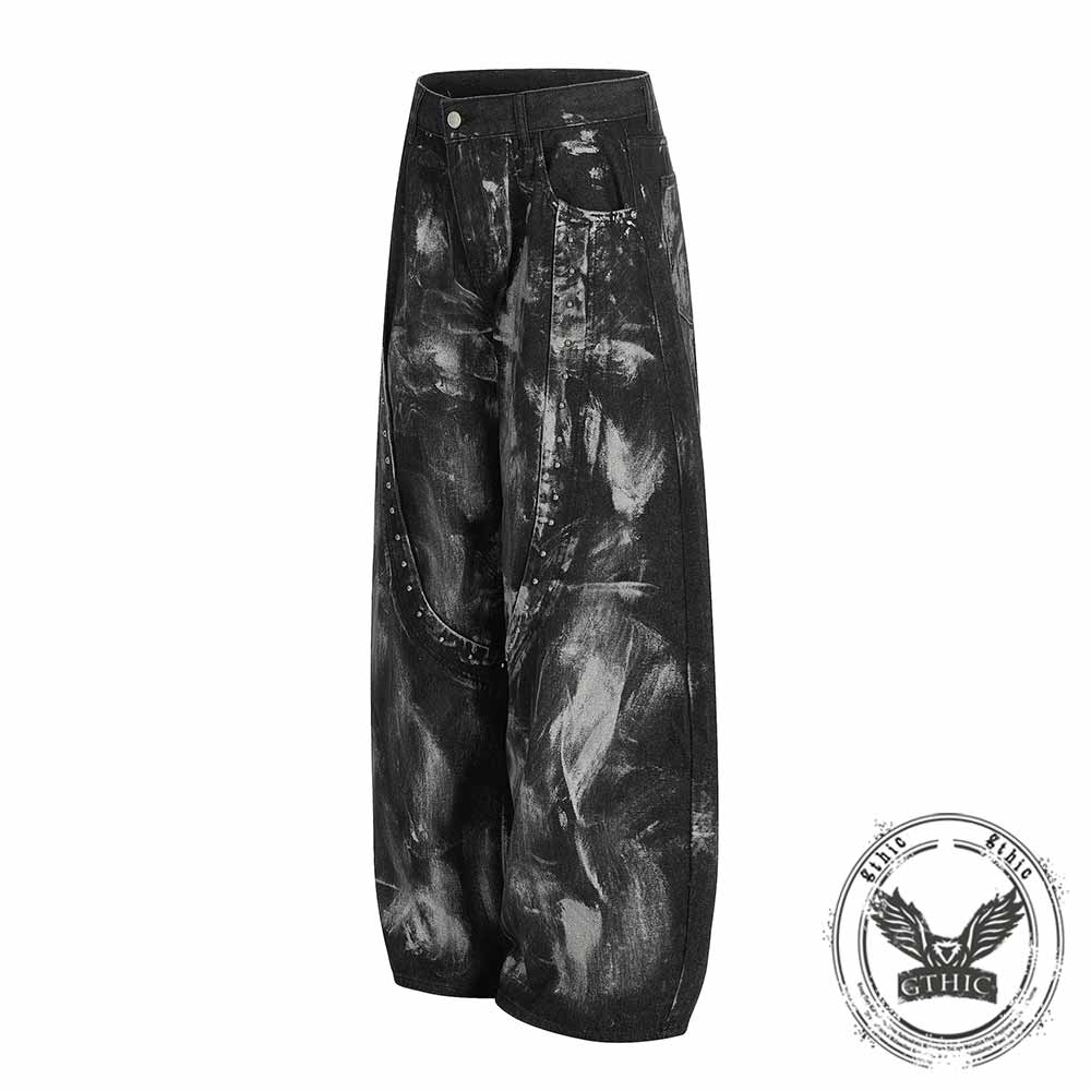 Hip-Hop Rivets Paint Splatters Design Wide-Leg Jeans | Gthic.com