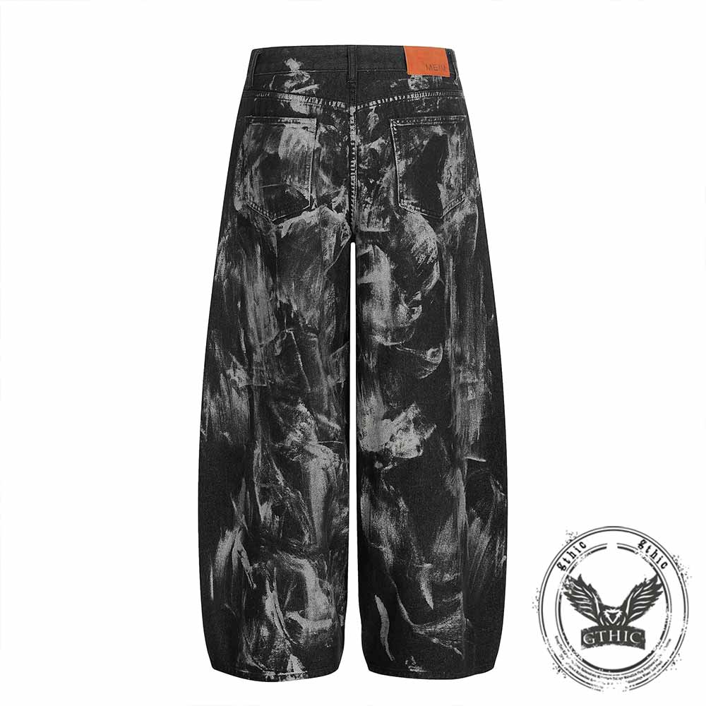Hip-Hop Rivets Paint Splatters Design Wide-Leg Jeans | Gthic.com