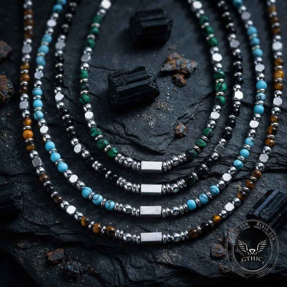 Hip-Hop Turquoise Bead Splicing Stainless Steel Necklace