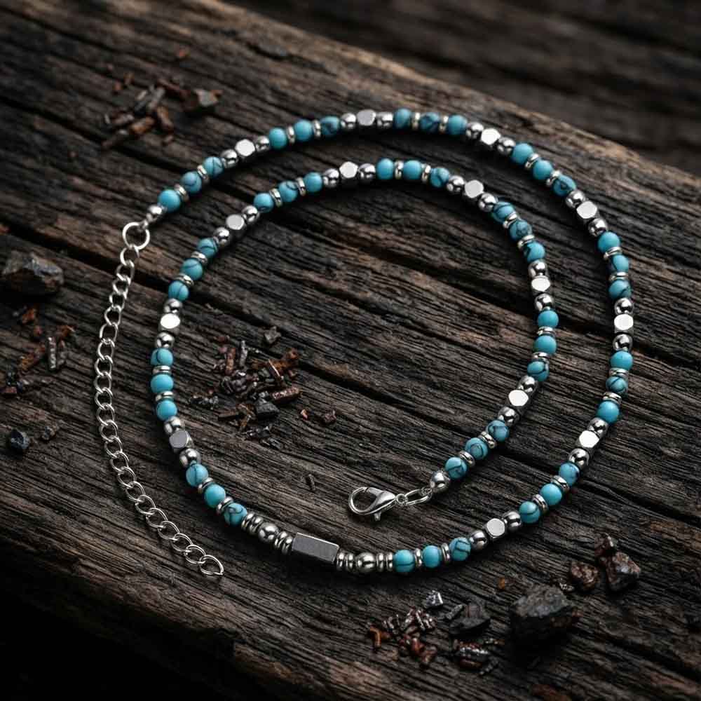 Hip-Hop Turquoise Bead Splicing Stainless Steel Necklace
