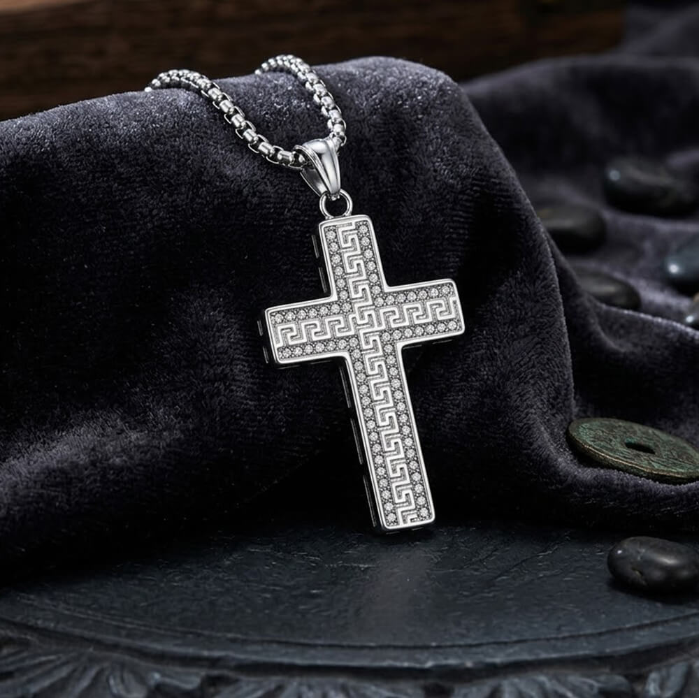 Hip Hop Great Wall Pattern Gem Cross Stainless Steel Pendant