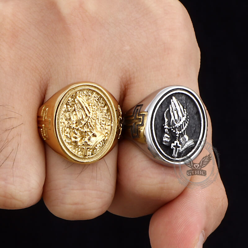 Hip Hop Praying Hands Cross Stainless Steel Ring | Gthic.com
