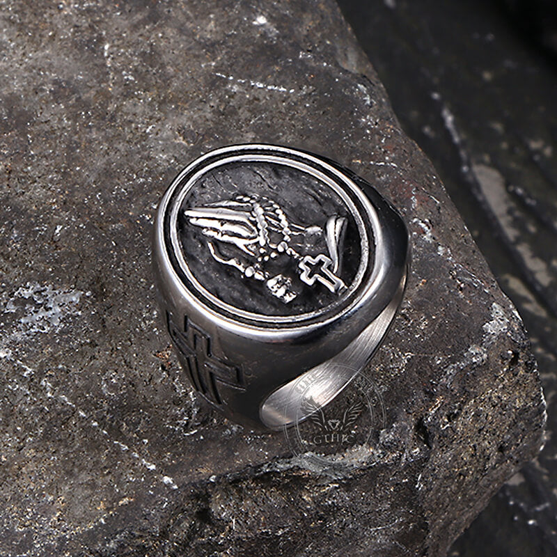 Hip Hop Praying Hands Cross Stainless Steel Ring | Gthic.com
