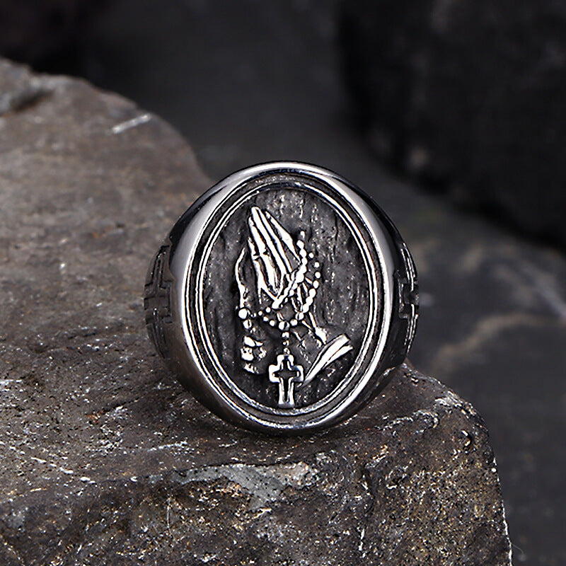 Hip Hop Praying Hands Cross Stainless Steel Ring