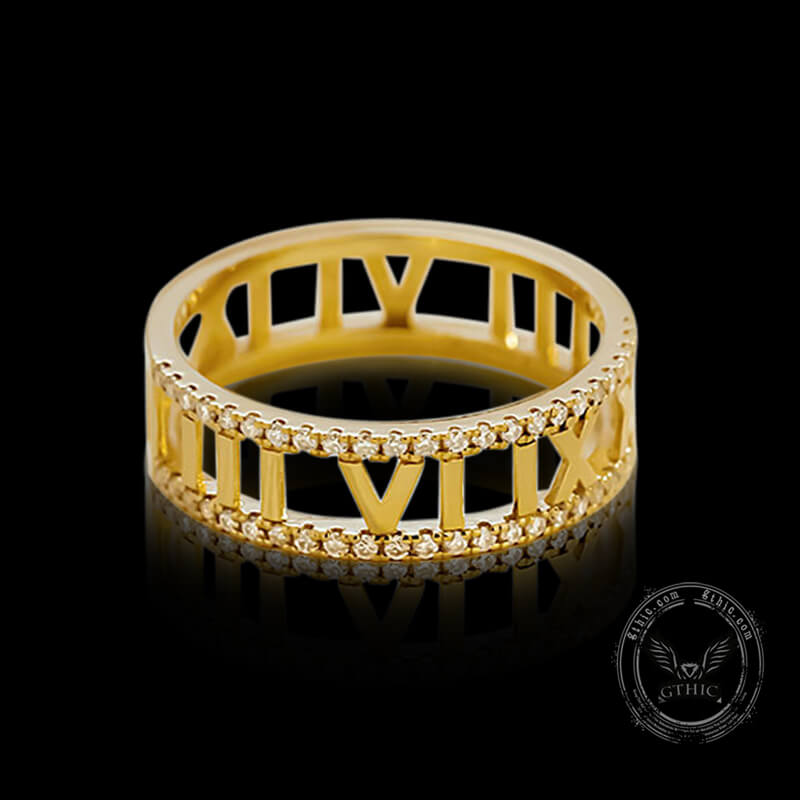 Hollow Roman Numerals Inlaid Moissanite 18K Gold Ring | Gthic.com