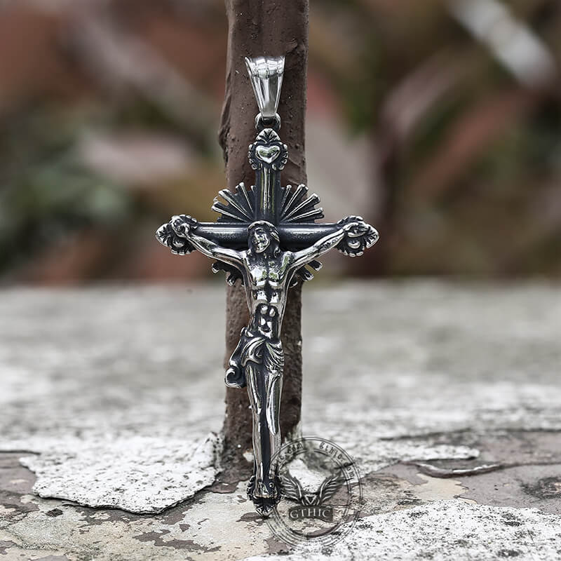 Holy Light Jesus Suffering Stainless Steel Cross Pendant | Gthic.com