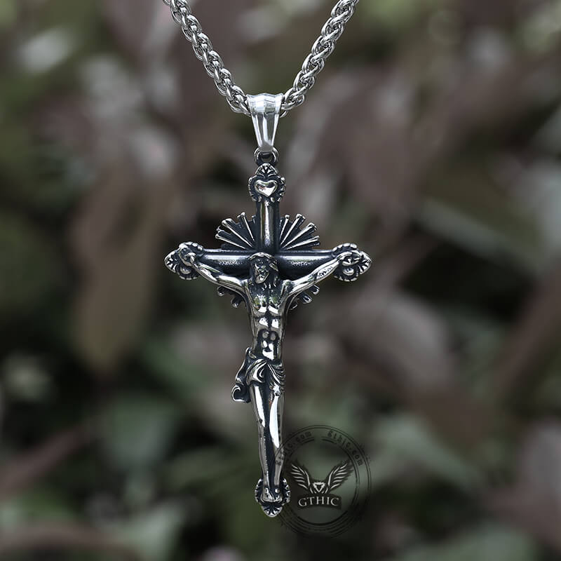 Holy Light Jesus Suffering Stainless Steel Cross Pendant | Gthic.com