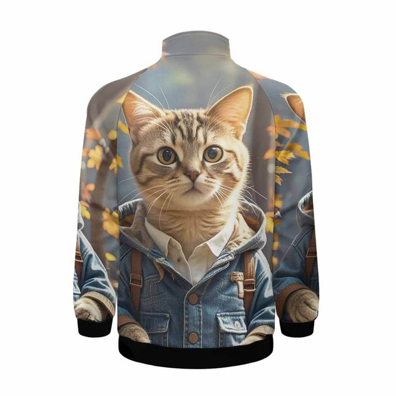 Hooded Kitten Pattern Stand Collar Zip-Up Jacket