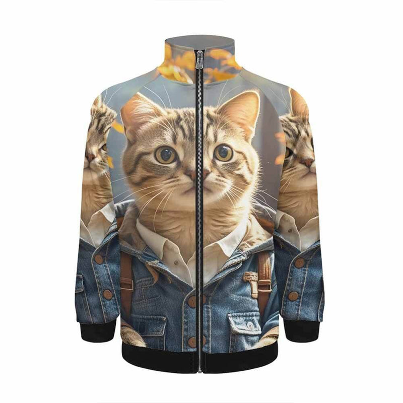 Hooded Kitten Pattern Stand Collar Zip-Up Jacket