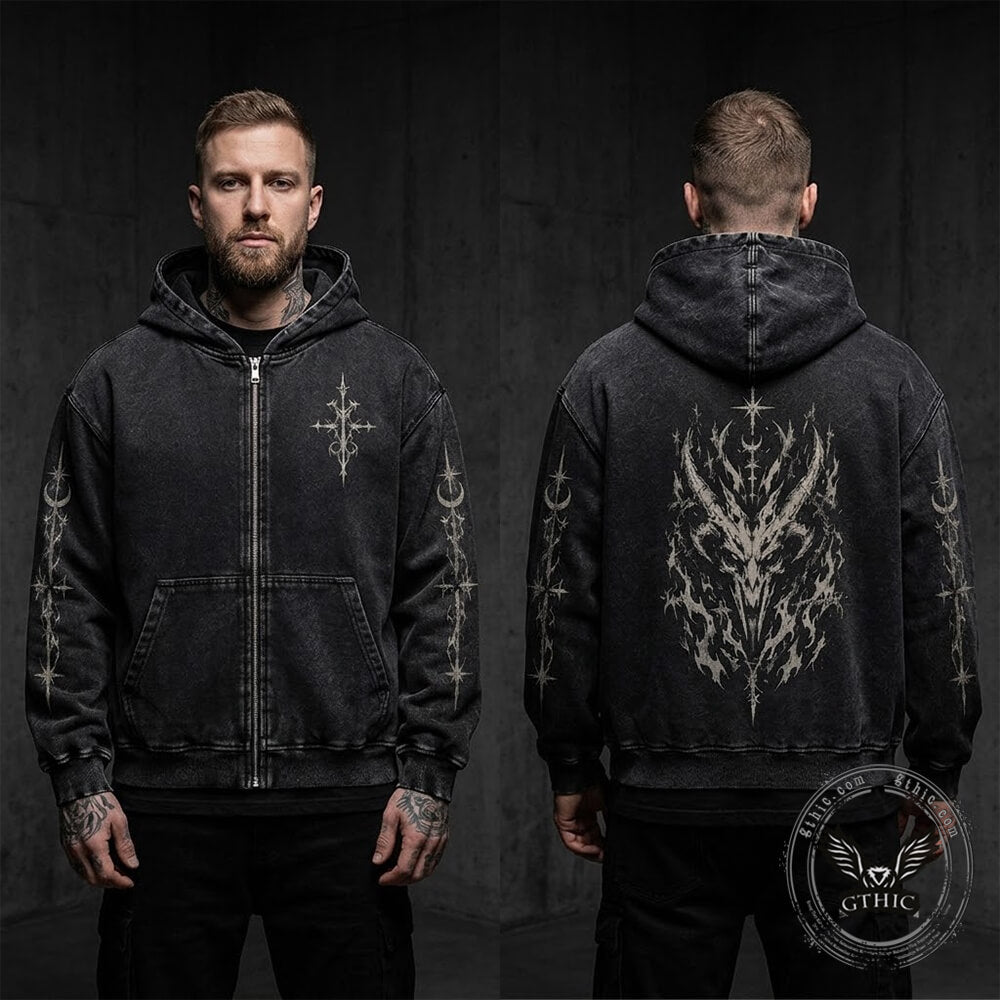 Horned Demon Skull Vintage Washed Zip-Up Hooded Jacket | Gthic.com