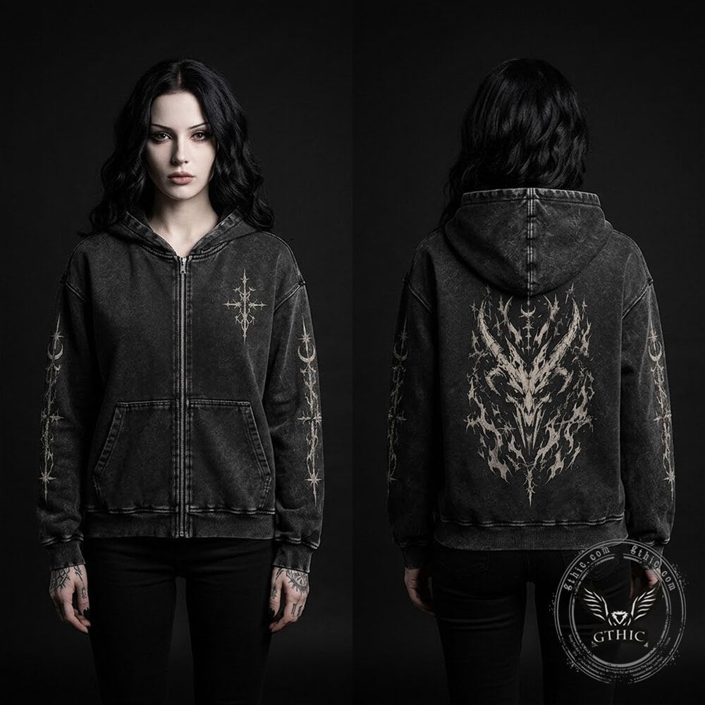 Horned Demon Skull Vintage Washed Zip-Up Hooded Jacket | Gthic.com