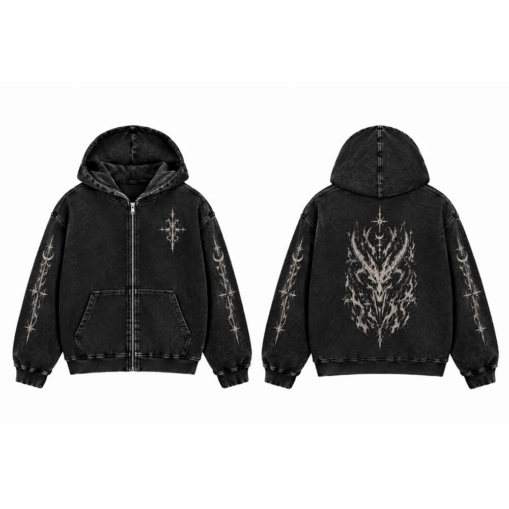 Horned Demon Skull Vintage Washed Zip-Up Hooded Jacket | Gthic.com