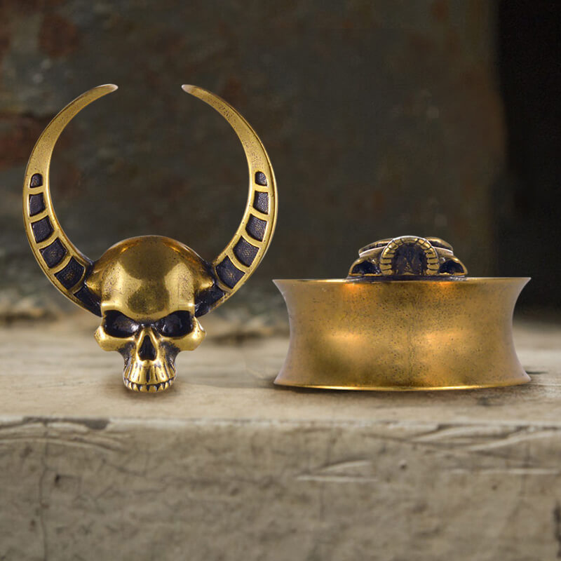 Horned Skull Brass Tunnel Ear Gauges | Gthic.com