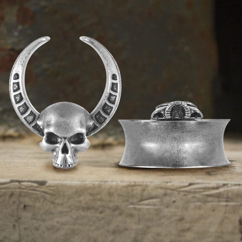 Horned Skull Brass Tunnel Ear Gauges | Gthic.com