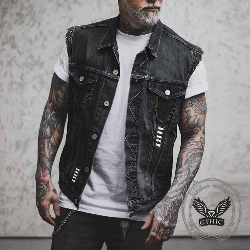 Horned Viking Warrior Print Lapel Denim Vest 02 | Gthic.com
