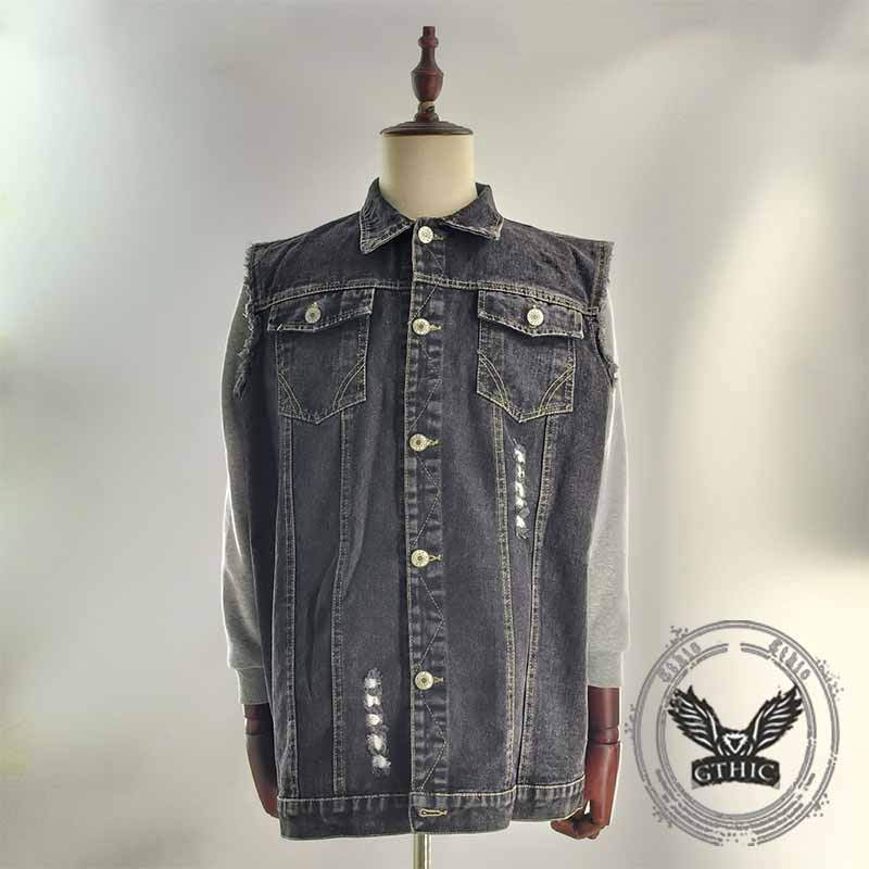 Horned Viking Warrior Print Lapel Denim Vest 03 | Gthic.com