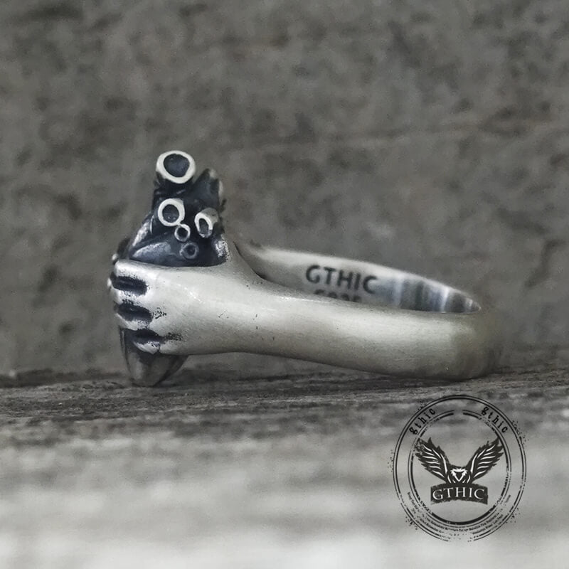Horror Hands Holding A Heart Sterling Silver Ring