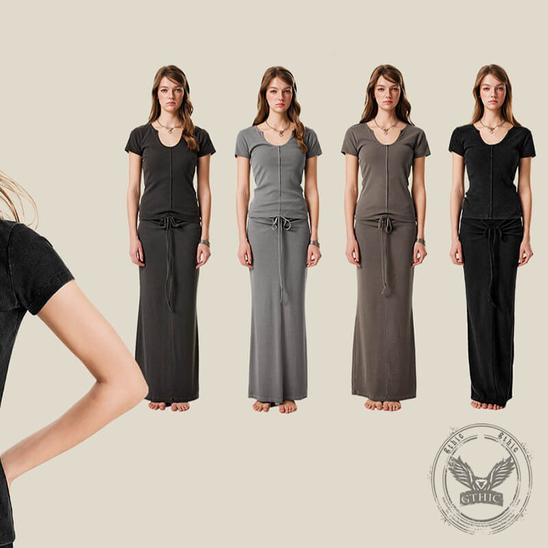 Hot Girl Retro Washed Slim Fit U-Neck T-Shirt | Gthic.com