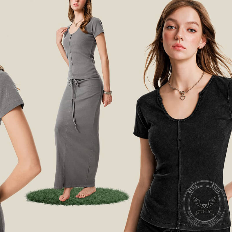 Hot Girl Retro Washed Slim Fit U-Neck T-Shirt | Gthic.com