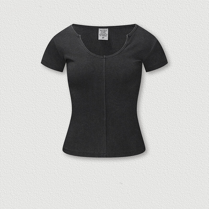 Hot Girl Retro Washed Slim Fit U-Neck T-Shirt