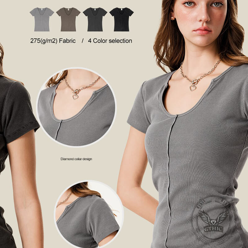 Hot Girl Retro Washed Slim Fit U-Neck T-Shirt | Gthic.com