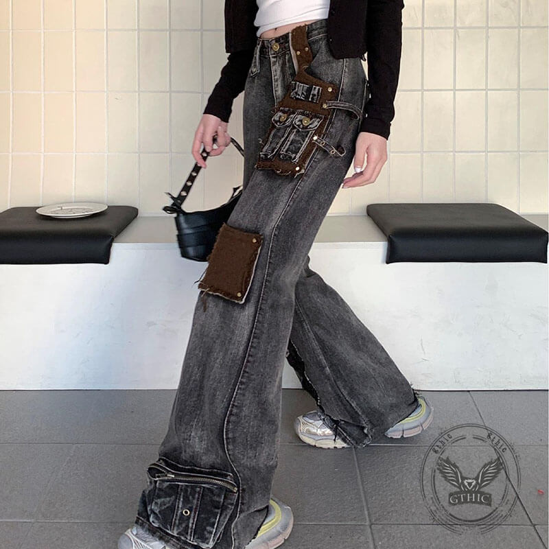 Hot Girl Washed Distressed Patchwork Wide-Leg Jeans | Gthic.com