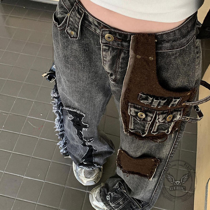 Hot Girl Washed Distressed Patchwork Wide-Leg Jeans