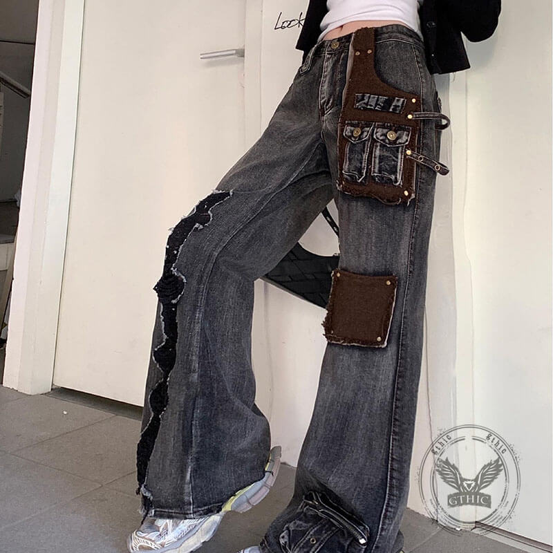 Hot Girl Washed Distressed Patchwork Wide-Leg Jeans