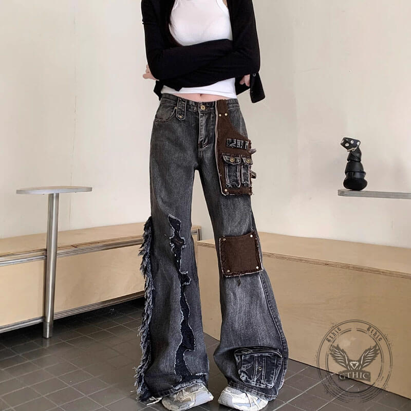 Hot Girl Washed Distressed Patchwork Wide-Leg Jeans | Gthic.com